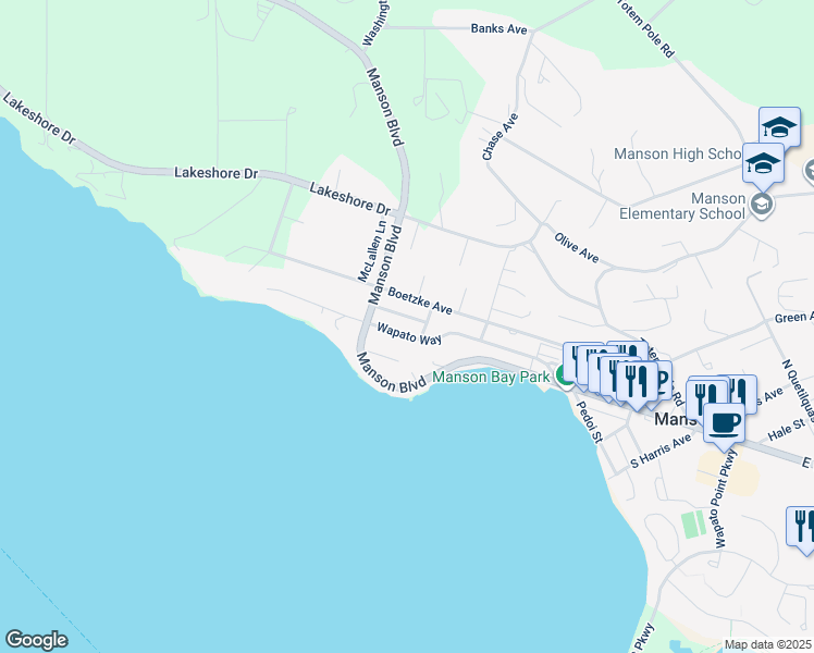 map of restaurants, bars, coffee shops, grocery stores, and more near 703 Boetzke Avenue in Manson