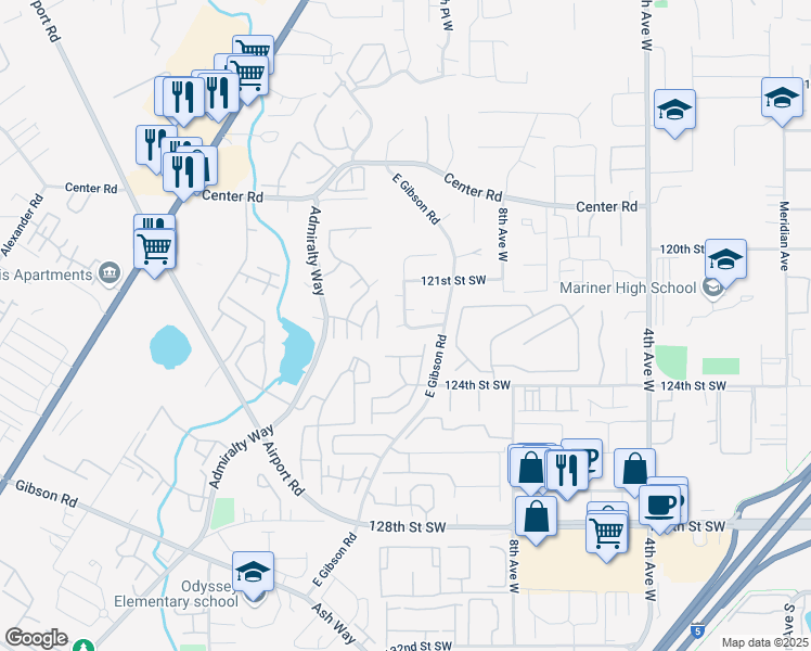 map of restaurants, bars, coffee shops, grocery stores, and more near 1003 122nd Pl SW in Everett