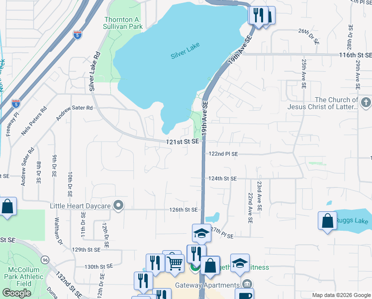 map of restaurants, bars, coffee shops, grocery stores, and more near 1726 121st Street Southeast in Everett