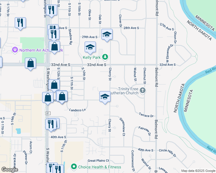 map of restaurants, bars, coffee shops, grocery stores, and more near 3410 Cherry Street in Grand Forks