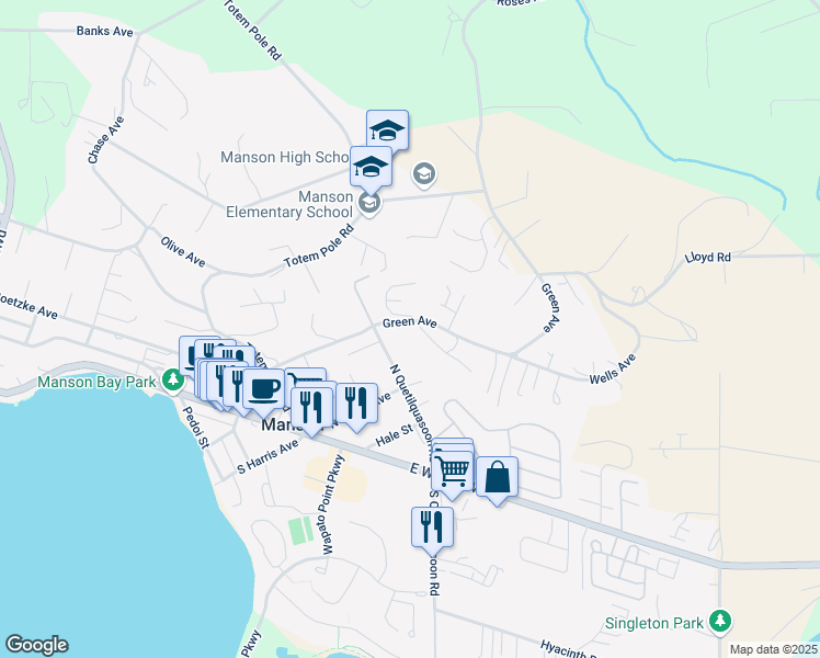 map of restaurants, bars, coffee shops, grocery stores, and more near 35 Coral Street in Manson