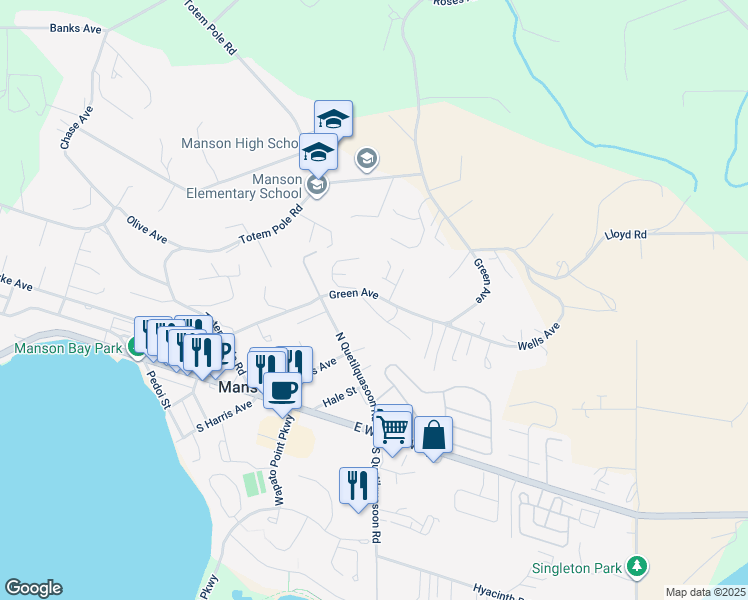 map of restaurants, bars, coffee shops, grocery stores, and more near 35 Coral Street in Manson