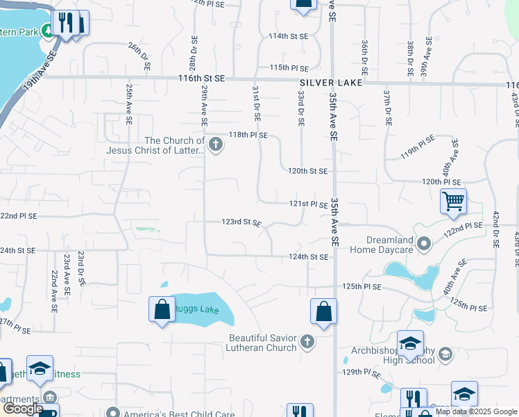 map of restaurants, bars, coffee shops, grocery stores, and more near 3116 121st Place Southeast in Everett
