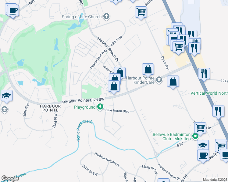 map of restaurants, bars, coffee shops, grocery stores, and more near Village Center Place in Mukilteo