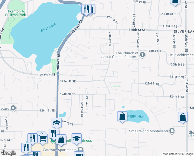 map of restaurants, bars, coffee shops, grocery stores, and more near 12125 23rd Drive Southeast in Everett
