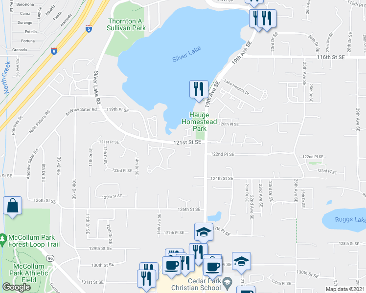 map of restaurants, bars, coffee shops, grocery stores, and more near 1726 121st Street Southeast in Everett