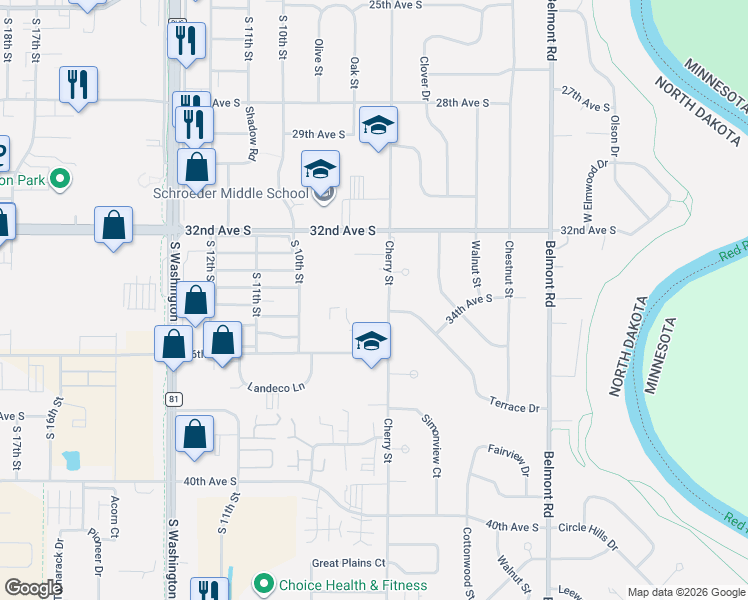 map of restaurants, bars, coffee shops, grocery stores, and more near 3410 Cherry Street in Grand Forks
