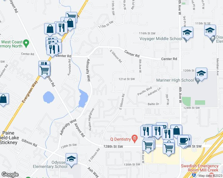 map of restaurants, bars, coffee shops, grocery stores, and more near 12204 11th Place West in Everett