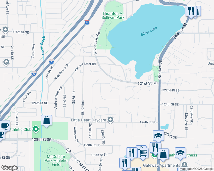map of restaurants, bars, coffee shops, grocery stores, and more near 1306 121st Place Southeast in Everett