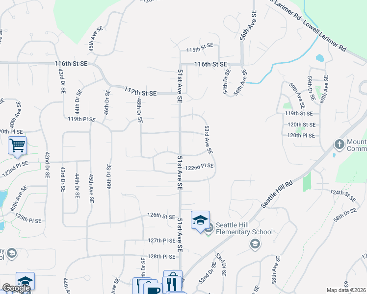 map of restaurants, bars, coffee shops, grocery stores, and more near 12111 51st Avenue Southeast in Everett