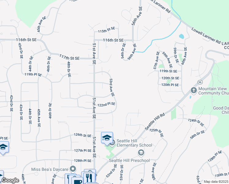 map of restaurants, bars, coffee shops, grocery stores, and more near 12115 53rd Avenue Southeast in Everett