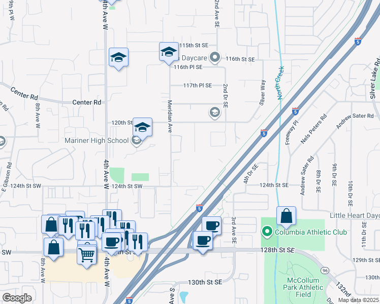 map of restaurants, bars, coffee shops, grocery stores, and more near 12130 1st Avenue Southeast in Everett