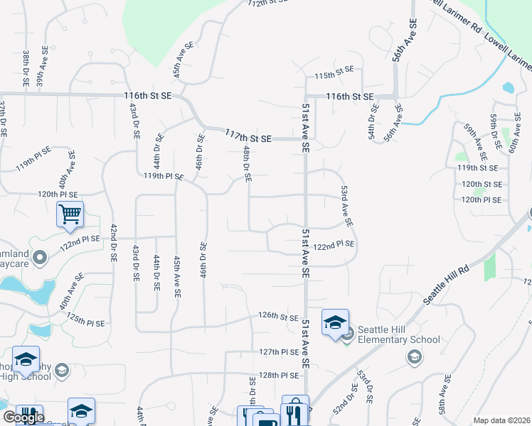 map of restaurants, bars, coffee shops, grocery stores, and more near 12106 49th Drive Southeast in Everett