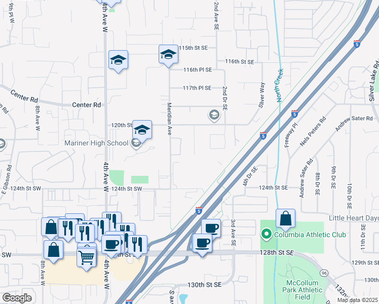 map of restaurants, bars, coffee shops, grocery stores, and more near 12124 1st Avenue Southeast in Everett