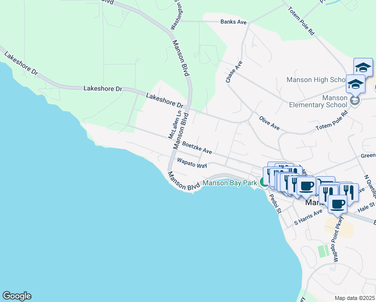 map of restaurants, bars, coffee shops, grocery stores, and more near 703 Boetzke Avenue in Manson