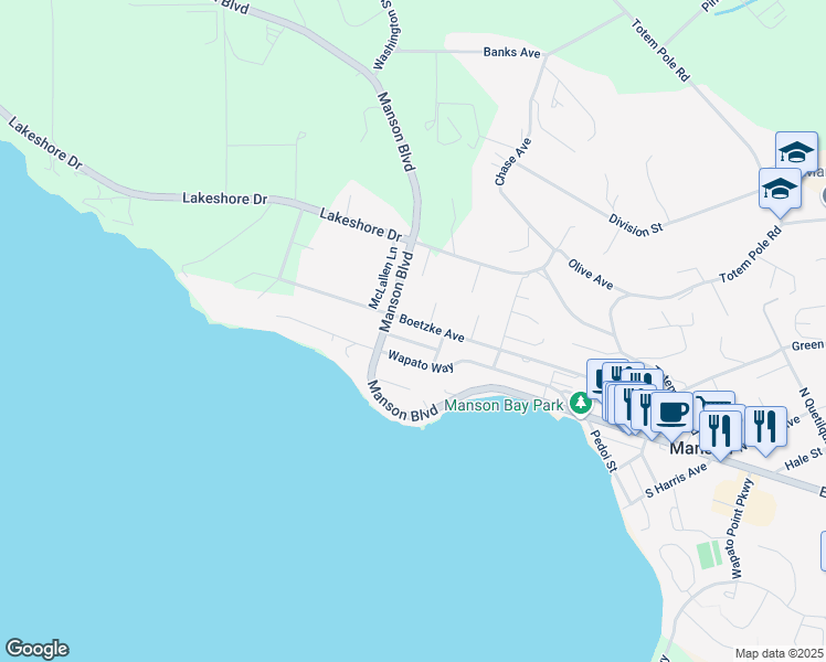 map of restaurants, bars, coffee shops, grocery stores, and more near 703 Boetzke Avenue in Manson