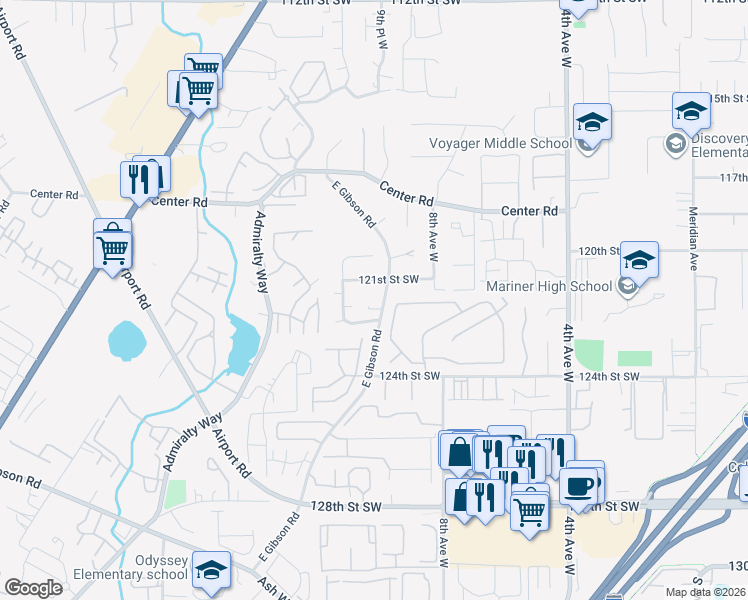map of restaurants, bars, coffee shops, grocery stores, and more near 1003 122nd Place Southwest in Everett