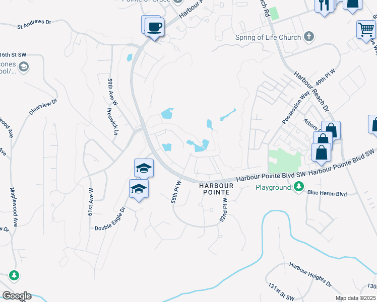 map of restaurants, bars, coffee shops, grocery stores, and more near 12303 Harbour Pointe Boulevard in Mukilteo