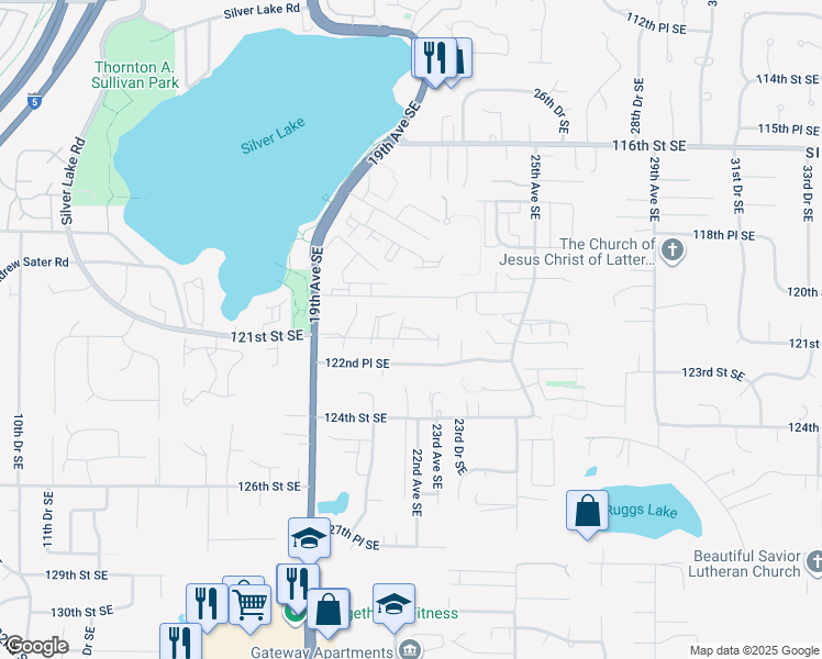 map of restaurants, bars, coffee shops, grocery stores, and more near 12115 19th Avenue Southeast in Everett