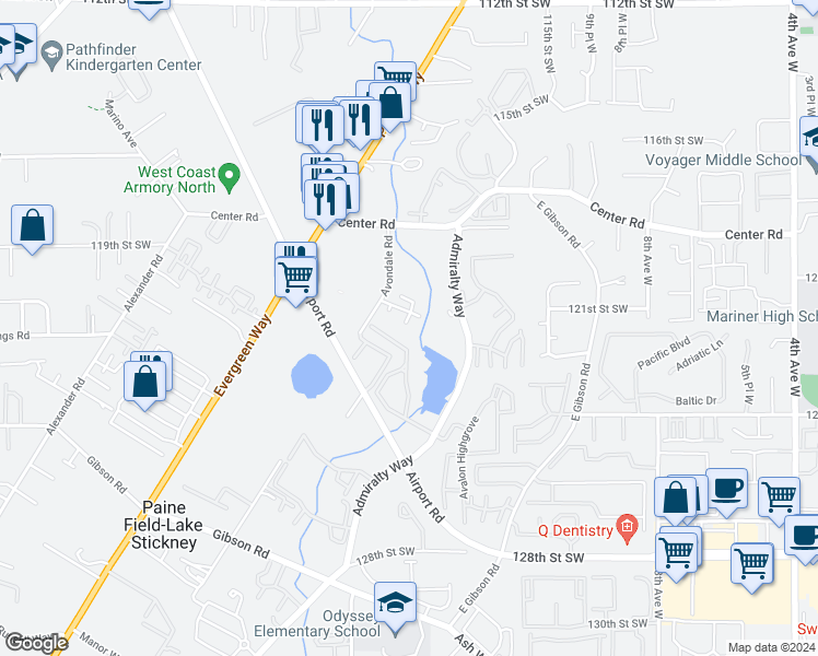 map of restaurants, bars, coffee shops, grocery stores, and more near 12402 Admiralty Way in Everett