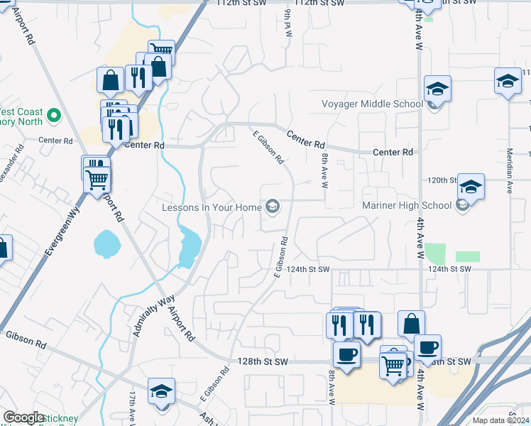 map of restaurants, bars, coffee shops, grocery stores, and more near 12204 11th Place West in Everett