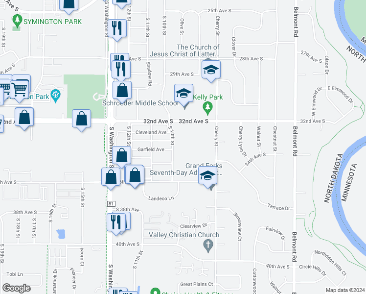map of restaurants, bars, coffee shops, grocery stores, and more near 3315 South 10th Street in Grand Forks