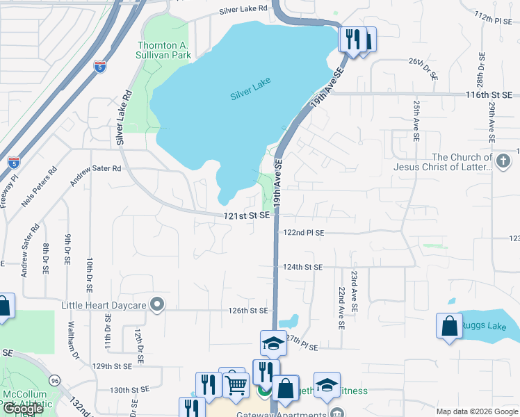 map of restaurants, bars, coffee shops, grocery stores, and more near 1701 121st Street Southeast in Everett