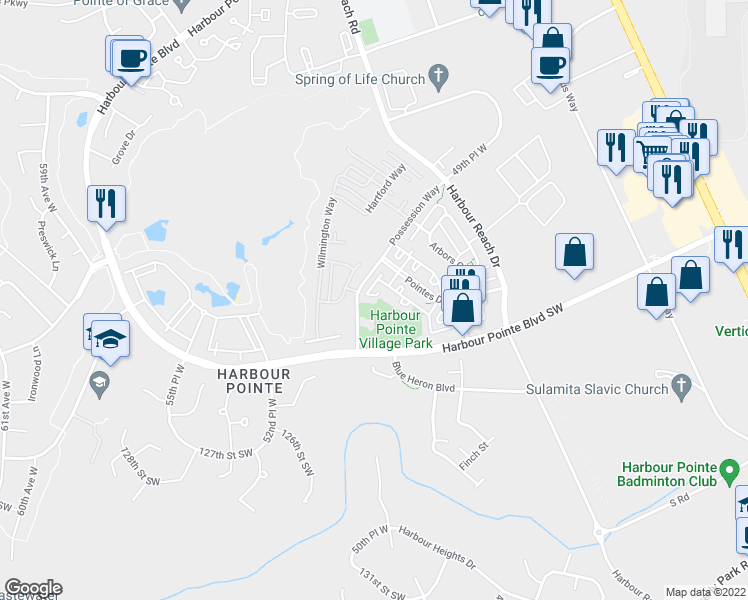 map of restaurants, bars, coffee shops, grocery stores, and more near 4880 Deerfield Place in Mukilteo