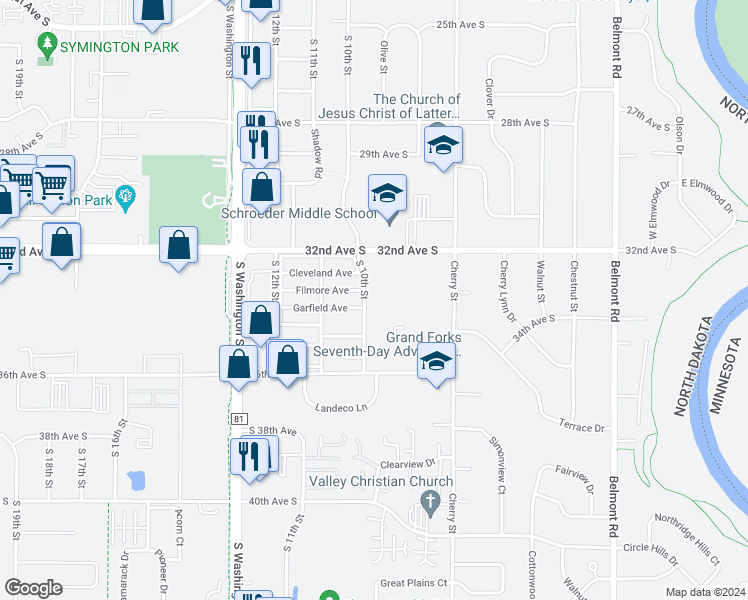 map of restaurants, bars, coffee shops, grocery stores, and more near 3315 South 10th Street in Grand Forks