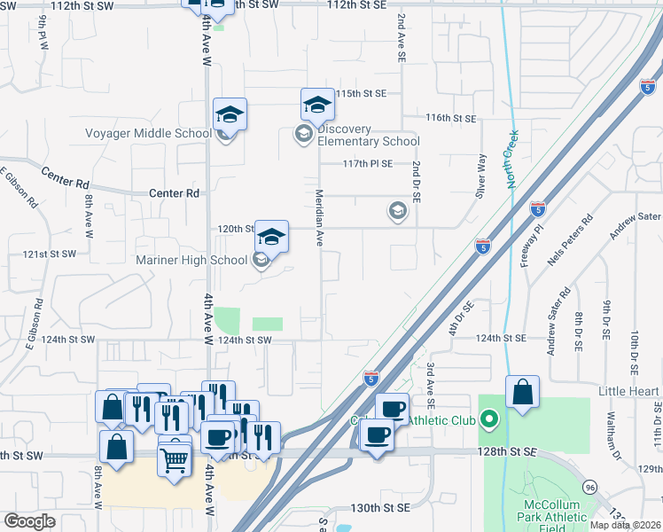map of restaurants, bars, coffee shops, grocery stores, and more near 12124 1st Avenue Southeast in Everett