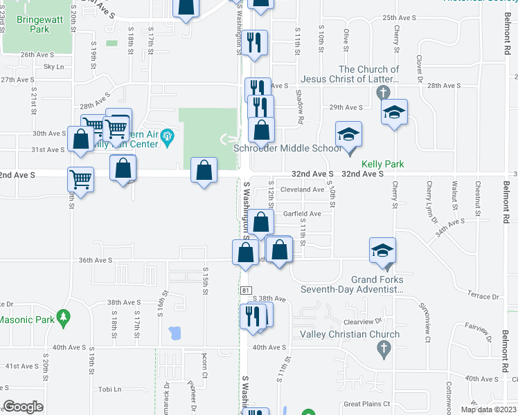 map of restaurants, bars, coffee shops, grocery stores, and more near 3325 South Washington Street in Grand Forks