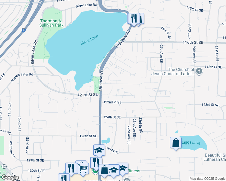map of restaurants, bars, coffee shops, grocery stores, and more near 12115 19th Avenue Southeast in Everett