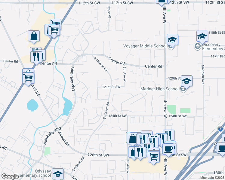 map of restaurants, bars, coffee shops, grocery stores, and more near 12107 East Gibson Road in Everett