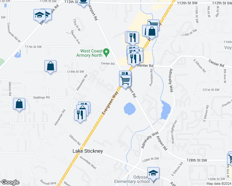 map of restaurants, bars, coffee shops, grocery stores, and more near 12201 Highway 99 in Everett