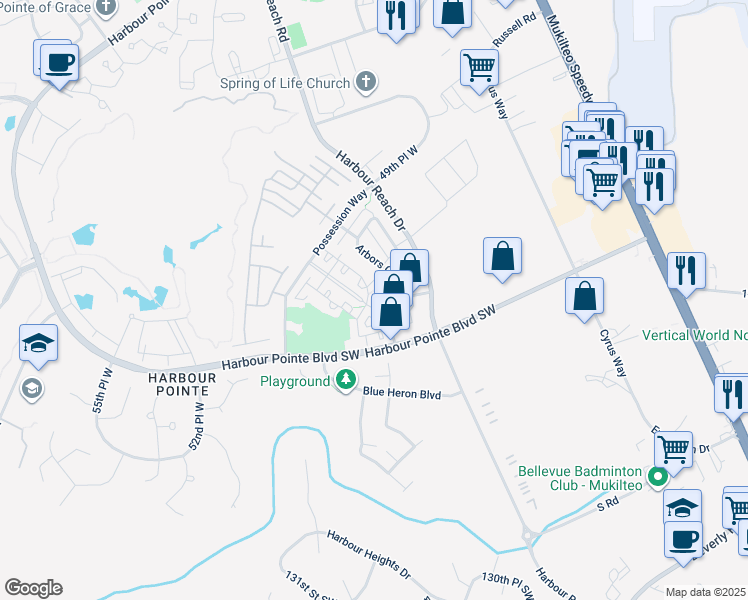 map of restaurants, bars, coffee shops, grocery stores, and more near 12190 Village Center Place in Mukilteo