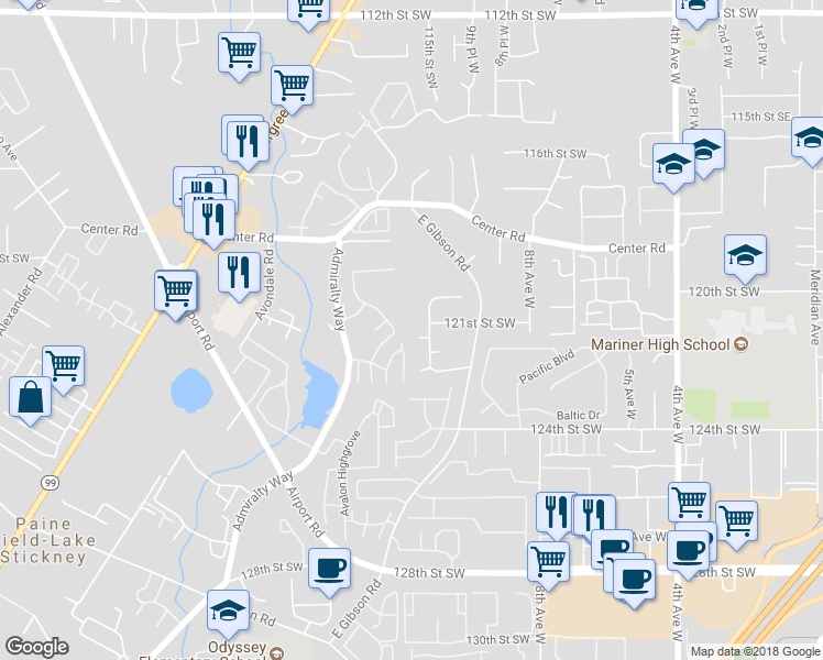 map of restaurants, bars, coffee shops, grocery stores, and more near 12204 11th Place West in Everett