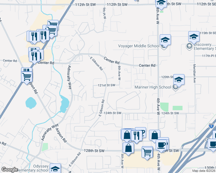 map of restaurants, bars, coffee shops, grocery stores, and more near 12105 East Gibson Road in Everett