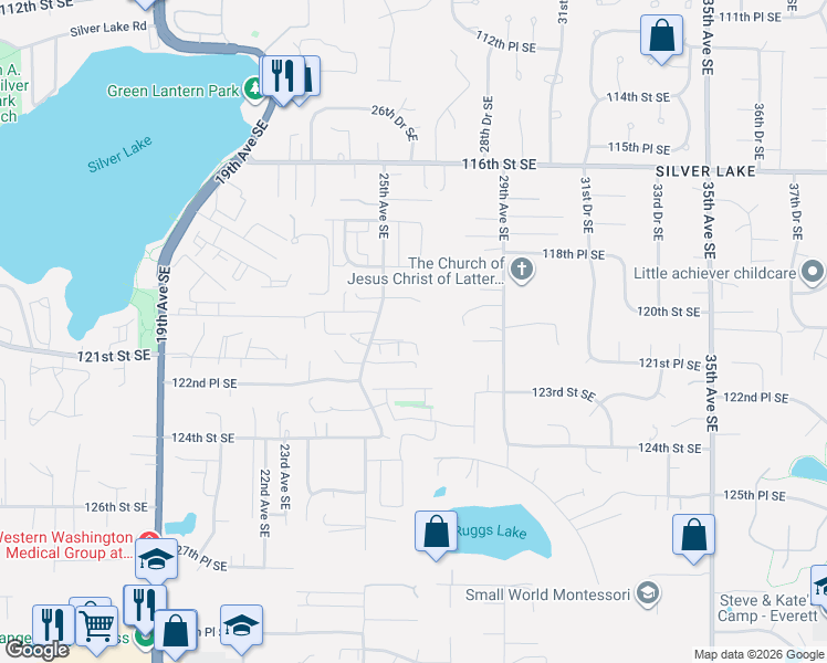 map of restaurants, bars, coffee shops, grocery stores, and more near 12007 25th Avenue Southeast in Everett