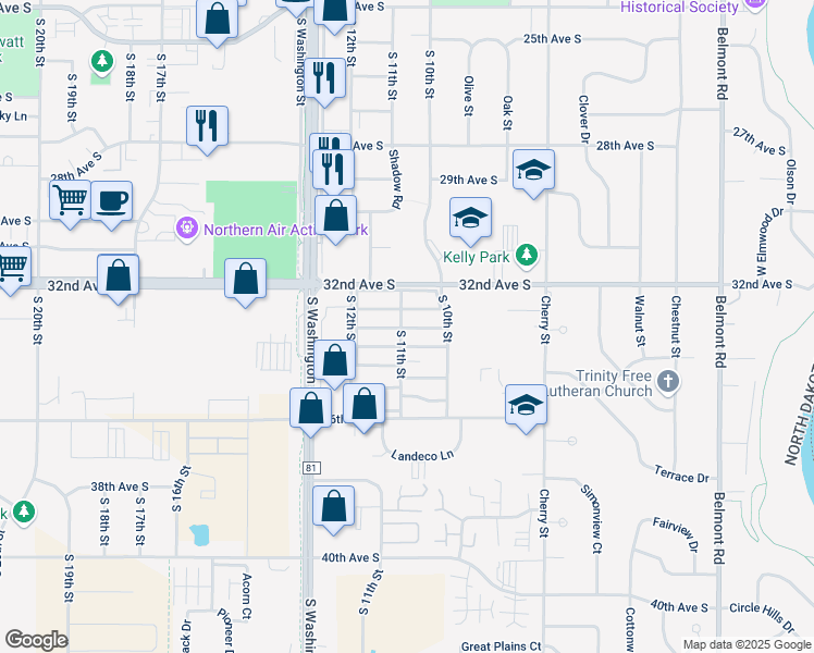 map of restaurants, bars, coffee shops, grocery stores, and more near 108 Adams Avenue in Grand Forks