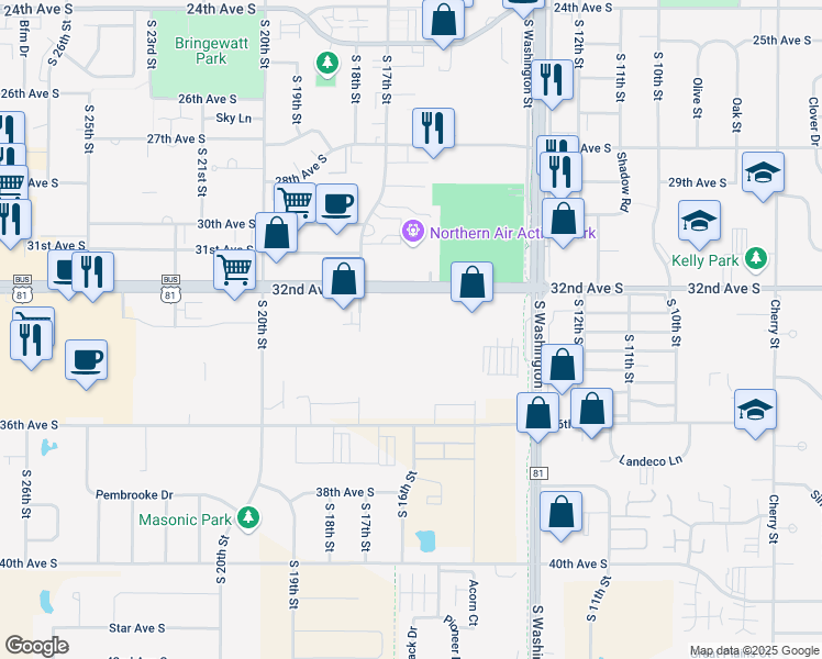 map of restaurants, bars, coffee shops, grocery stores, and more near 1573 32nd Avenue South in Grand Forks