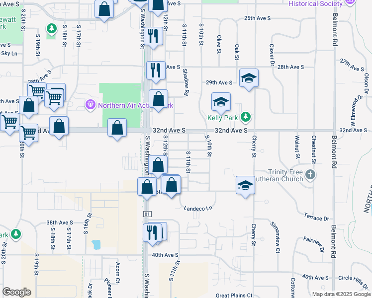 map of restaurants, bars, coffee shops, grocery stores, and more near 184 Filmore Avenue in Grand Forks