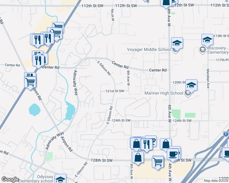 map of restaurants, bars, coffee shops, grocery stores, and more near 12103 East Gibson Road in Everett