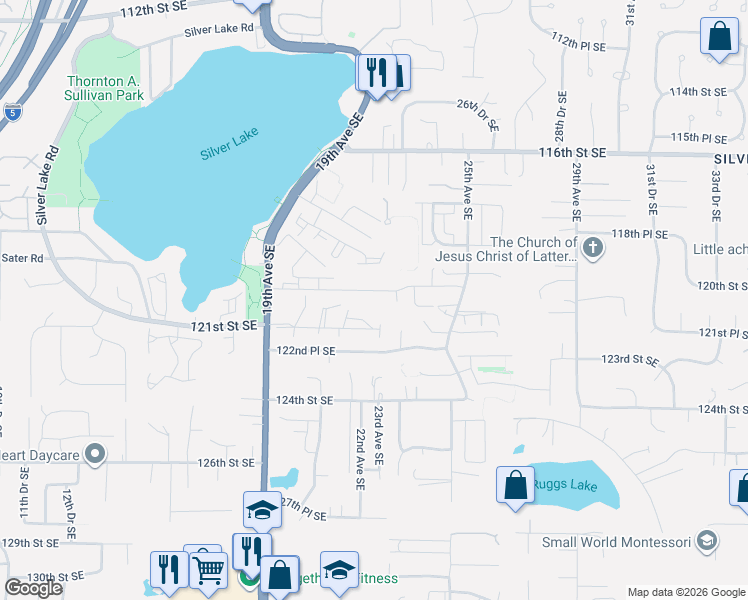 map of restaurants, bars, coffee shops, grocery stores, and more near 2225 120th Place Southeast in Everett