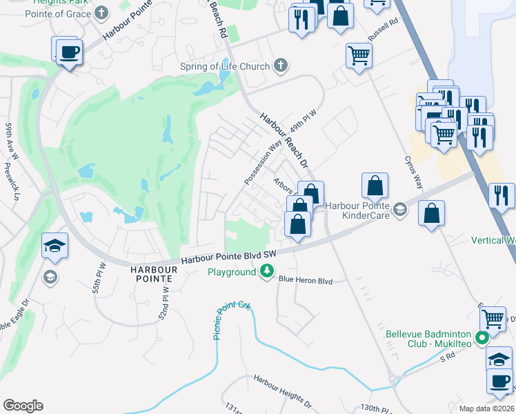map of restaurants, bars, coffee shops, grocery stores, and more near 4846 Pointes Dr in Mukilteo