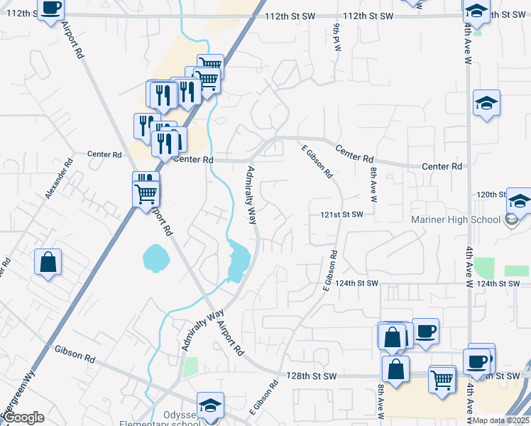 map of restaurants, bars, coffee shops, grocery stores, and more near 12121 Admiralty Way in Everett