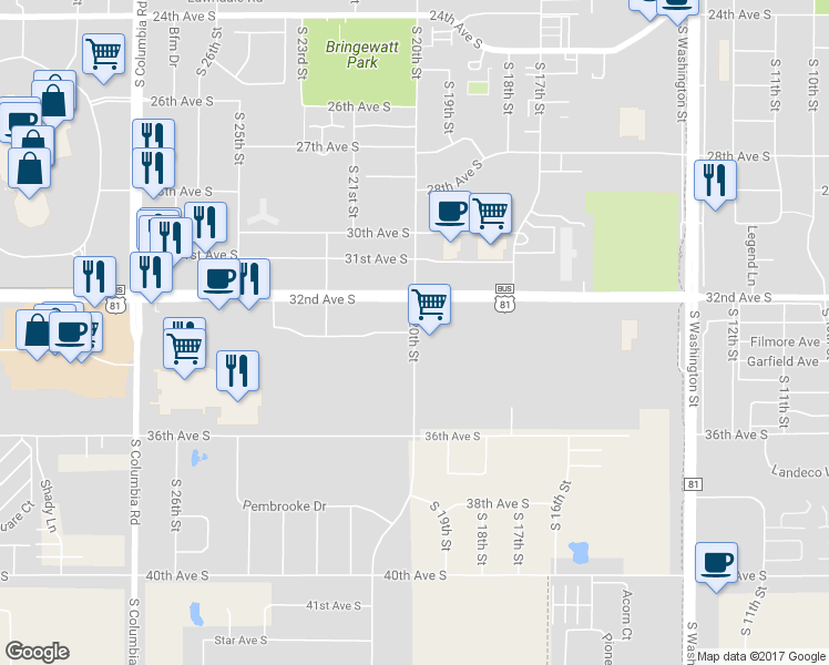 map of restaurants, bars, coffee shops, grocery stores, and more near 3637 South 20th Street in Grand Forks