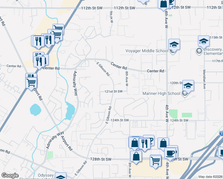 map of restaurants, bars, coffee shops, grocery stores, and more near 1001 121st Street Southwest in Everett