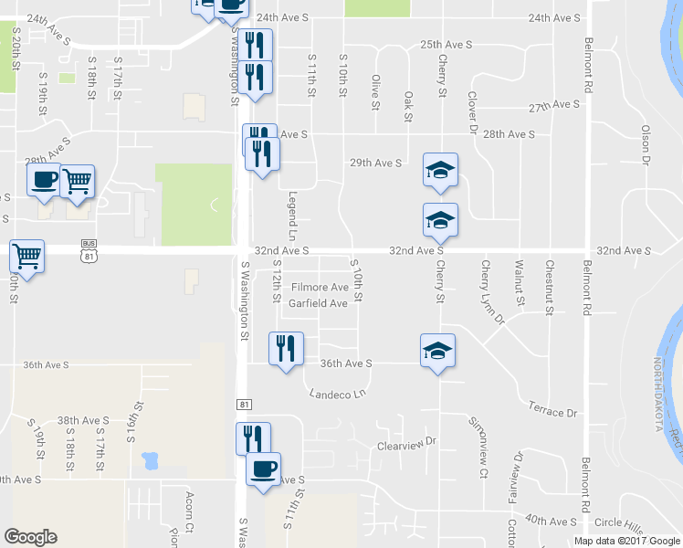 map of restaurants, bars, coffee shops, grocery stores, and more near 153 Cleveland Avenue in Grand Forks