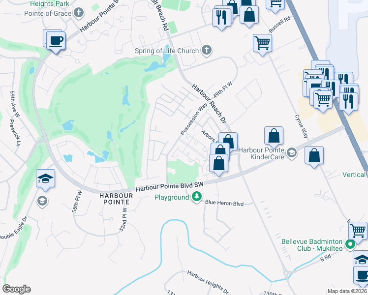 map of restaurants, bars, coffee shops, grocery stores, and more near 12062 Minor Way in Mukilteo