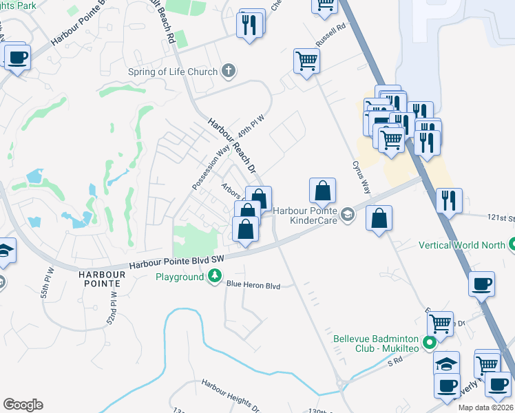 map of restaurants, bars, coffee shops, grocery stores, and more near 12095 Arbors Lane in Mukilteo